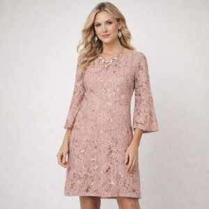 MSK Floral Lace Sequin Shift Dress Womens 14 Blush Dusty Rose Mother of Bride